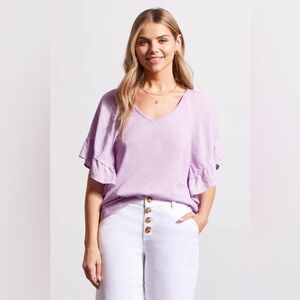 Tribal Raglan Pop Over V-Neck Double Frill Short Sleeve Blouse in Lilac NEW PXL